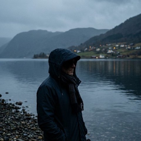 Autor v kapucni pri fjorde za súmraku